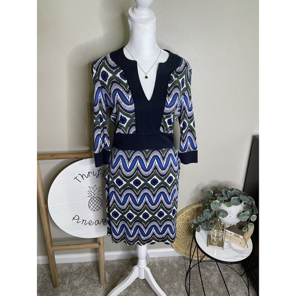 Tory Burch Blue Geometric Silk Dress EUC Size XS B8-12 - Picture 1 of 12